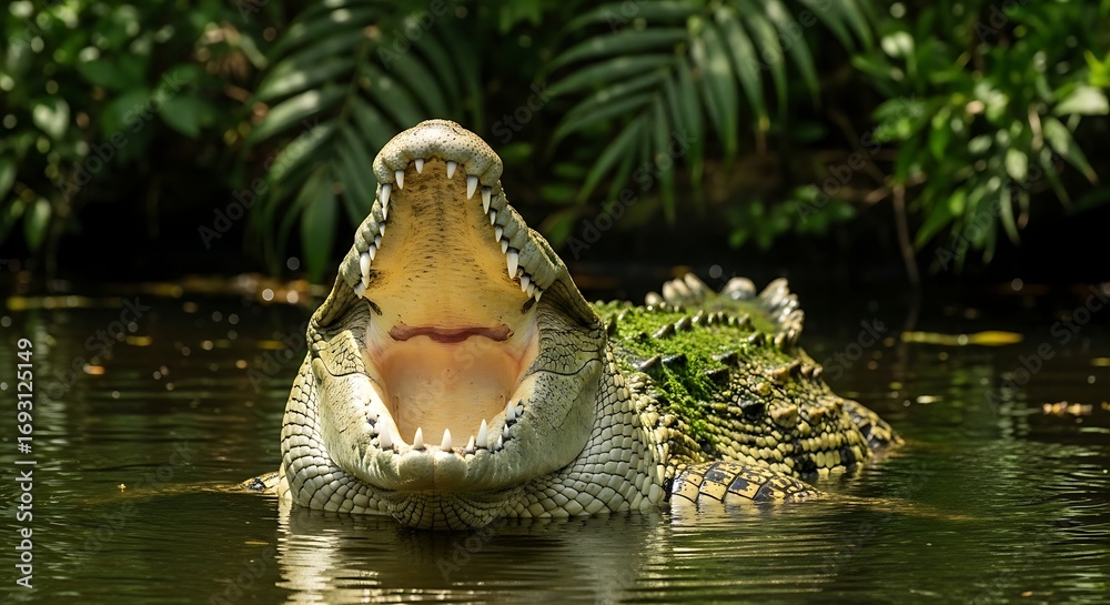 Obraz premium Large Crocodile with Open Mouth in Tropical River.