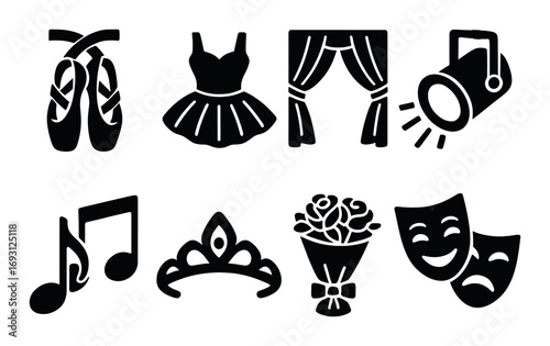 Performing arts silhouette icon set. featuring ballet shoes, dress, curtains, spotlight, music note, tiara, bouquet, masks.