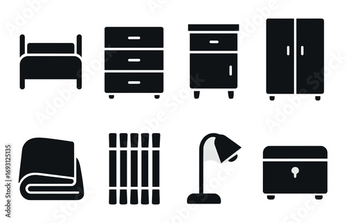 Home furniture silhouette icon set. featuring bed, dresser, nightstand, wardrobe, blanket, shelf, lamp, chest.