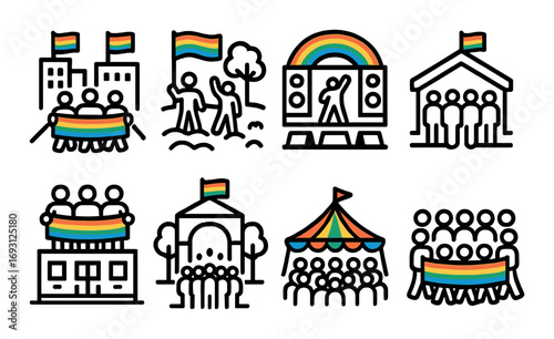 Pride celebration linear icon set. featuring parade, concert, festival, unity, community, and inclusivity symbols.