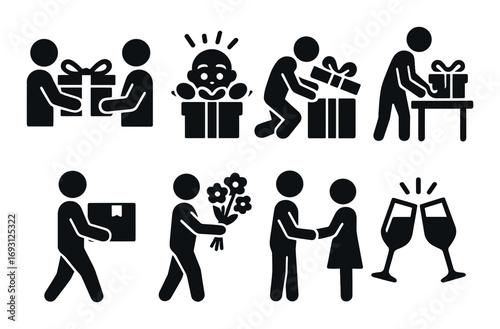 Celebration silhouette icon set. featuring gifts, surprise, flowers, handshake, party, delivery, and toast symbols.