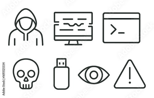 Cybersecurity silhouette icon set. featuring hacker, code, terminal, skull, usb, eye, and warning symbols.