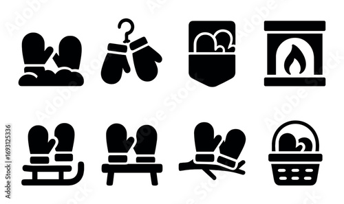 Winter clothing silhouette icons set. featuring mittens, fireplace, sled, basket, and pocket symbols.
