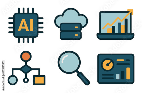 Technology and data silhouette icon set. featuring ai chip, cloud storage, growth chart, network, magnifying glass, and analytics dashboard..