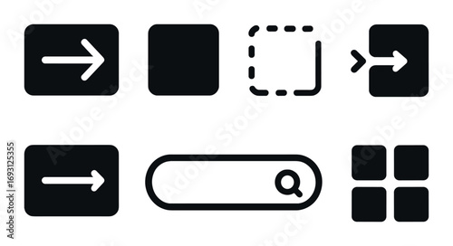 Website navigation silhouette icon set. includes arrow, square, search, grid.
