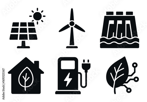 Renewable energy silhouette icons set. featuring solar, wind, hydro, eco-house, charging station, green tech symbols.