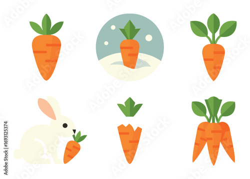 Vegetable flat icon set. featuring carrot, rabbit eating, growing carrot, snow, moon, and harvest symbols.