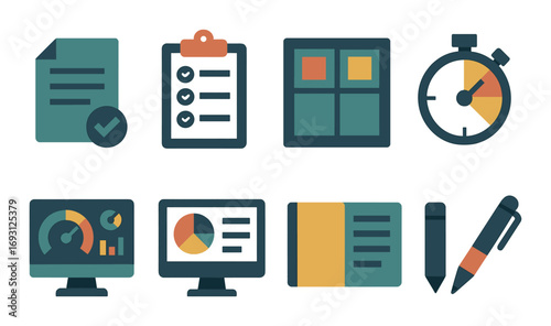 Office tasks flat icons set. featuring checklist, timer, analytics, calendar, notebook, and pen.