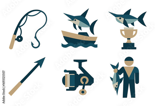 Fishing competition flat icon set. featuring fishing rod, boat, trophy, fishing spear, reel, fisherman symbols.