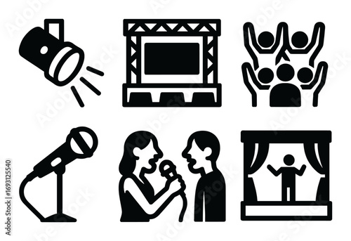 Theater silhouette icon set. featuring spotlight, stage, audience, microphone, interview, performer.
