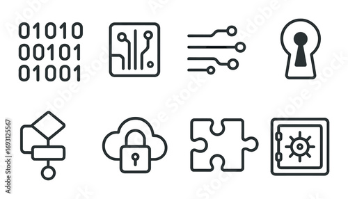 Cybersecurity linear icon set. featuring binary code, circuit, keyhole, cloud lock, puzzle, and safe symbols.