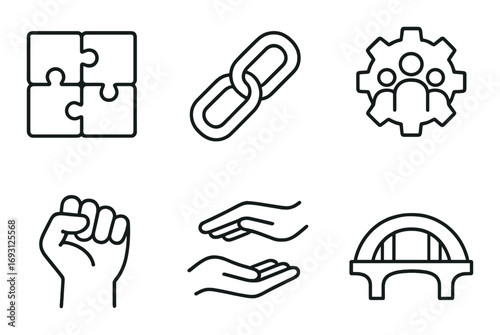 Community building linear icons set. featuring puzzle, chain, team, fist, hand, bridge symbols.