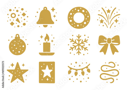 Christmas silhouette icon set. featuring bell, wreath, fireworks, bauble, candle, snowflake, bow, star, gift, lights, ribbon.