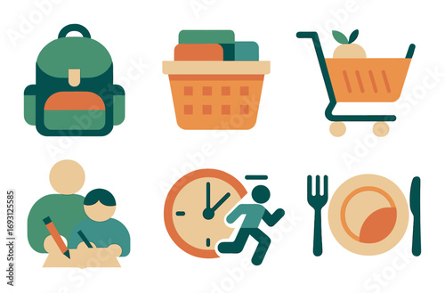 School and activity flat icon set. featuring backpack, shopping basket, shopping cart, tutoring, clock, running, dining symbols.