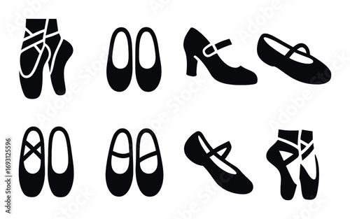 Dance shoes silhouette icon set. featuring ballet slippers, dance flats, character shoes, and pointe shoes.