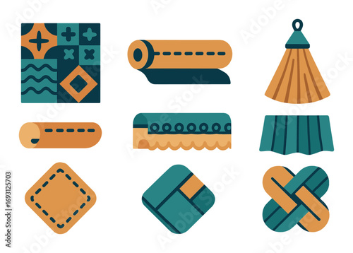 Flooring flat icons set. featuring tiles, roll, mop, sandpaper, carpet, seamless, wood, parquet, laminate, patch.