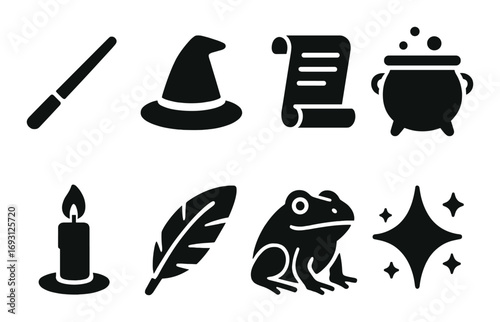 Magic items silhouette icon set. featuring wand, hat, scroll, cauldron, candle, feather, frog, and sparkles.