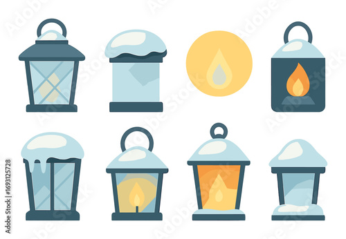 Winter lanterns flat icon set. featuring snow, flame, candle, lamp, light, and frost symbols.