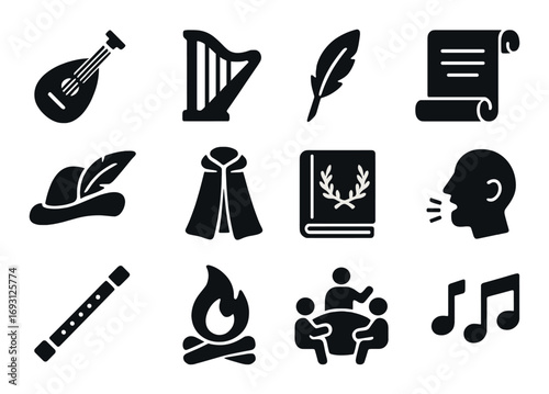 Medieval theme silhouette icon set. featuring lute, harp, quill, scroll, hat, cloak, book, storytelling, flute, campfire, gathering, and music notes..