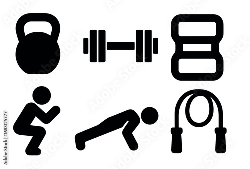 Fitness silhouette icon set. featuring kettlebell, dumbbell, yoga mat, squat, push-up, and jump rope symbols.