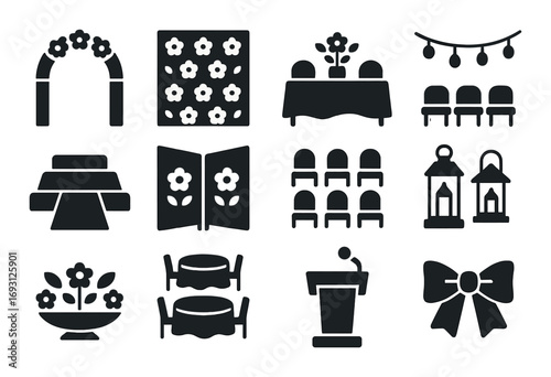 Wedding decorations silhouette icons set. featuring arch, floral pattern, dining table, lights, lantern, bow.