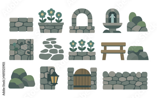 Garden elements flat icon set. featuring wall, flowerbed, arch, fountain, stone path, bench, lantern, gate.