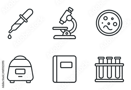 Science equipment silhouette icon set. featuring dropper, microscope, petri dish, centrifuge, notebook, test tubes.