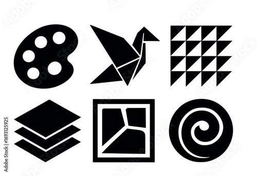Art supplies silhouette icons set. featuring palette, origami, pattern, layers, mosaic, and spiral symbols.