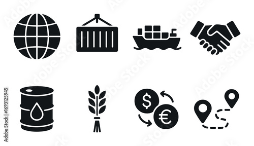 Global trade silhouette icon set. featuring globe, container, ship, handshake, barrel, wheat, currency, location.