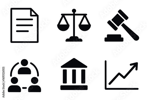 Legal silhouette icon set. featuring document, scales, gavel, teamwork, courthouse, and graph.