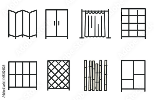 Home decor linear icon set. featuring room divider, wardrobe, curtain, shelf, wine rack, bamboo screen.