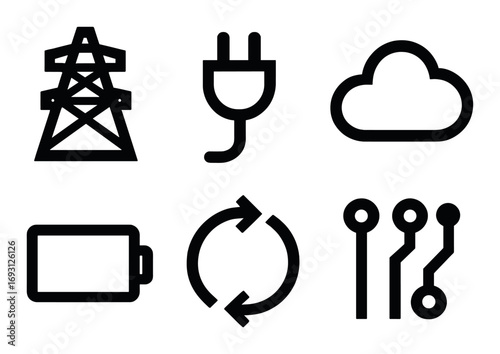 Energy and technology silhouette icon set. featuring tower, plug, cloud, battery, recycle, and circuit symbols.