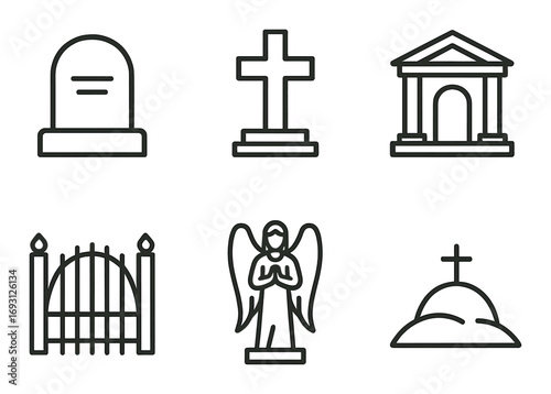 Cemetery linear icon set. featuring gravestone, cross, mausoleum, gate, angel, and burial mound symbols.