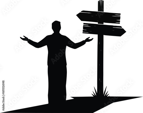 Silhouette of a Person Confused at a Crossroads SignpostSilhouette of a Person Confused at a Crossroads Signpost