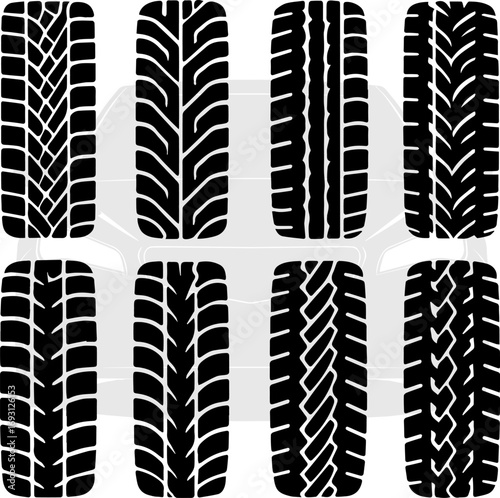 Set of tire tracks silhouettes, collection of black rubber treads for cars, vehicle wheel print icons
