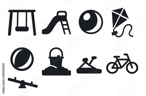 Playground silhouette icon set. featuring swing, slide, ball, kite, bucket, seesaw, and bicycle icons.
