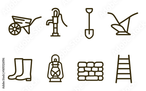 Farming tools linear icon set. featuring wheelbarrow, pump, shovel, plow, boots, lantern, brick wall, ladder.