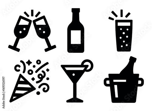 Celebration silhouette icon set. featuring champagne, wine, cocktail, beer, confetti, and ice bucket symbols.