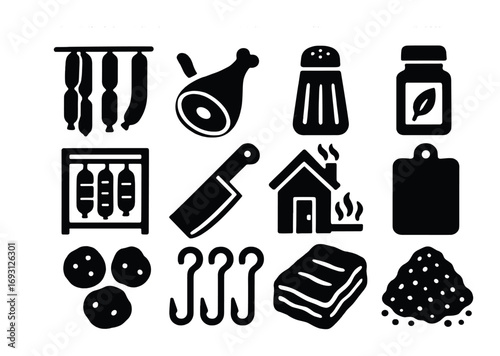Cooking and kitchen silhouette icon set. featuring hanger, ham, salt shaker, herbs, and spices symbols..