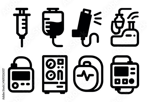 Medical equipment silhouette icons set. featuring syringe, iv bag, inhaler, nebulizer, monitor, defibrillator, ventilator, ecg, dialysis machine.