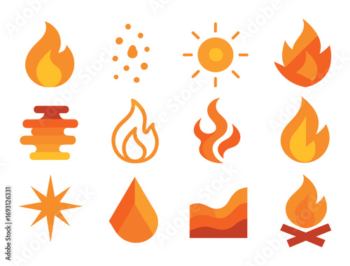 Fire and heat flat icons set. featuring fire, flame, heat, sun, star, combustion, and spark symbols.