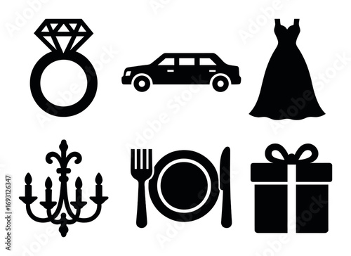 Wedding silhouette icon set. featuring ring, car, dress, chandelier, dining set, and gift symbols.