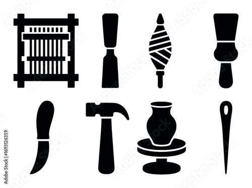 Craft tools silhouette icon set. featuring loom, chisel, spindle, brush, carving knife, hammer, pottery wheel, needle.