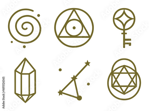 Alchemy symbols linear icon set. featuring spiral, pyramid, key, crystal, constellation, and geometry.