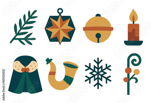 Christmas elements flat icons set. featuring branch, ornament, bell, candle, cloak, horn, snowflake, and candy cane.