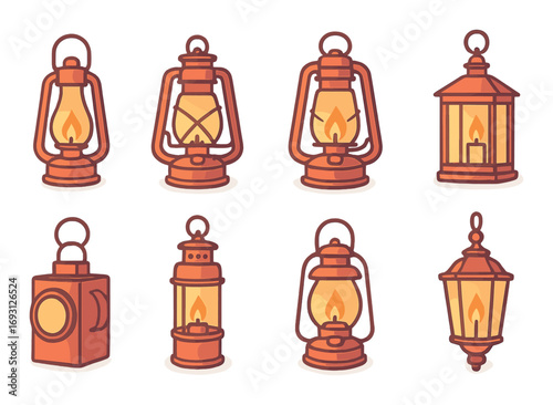 Lanterns flat icon set. featuring lamp, flame, light, vintage, oil, glow, retro, and camping symbols.