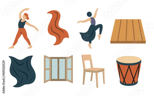 Dance and music flat icon set. featuring dancer, rhythm, costume, stage, curtain, window, chair, and drum.