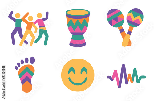Music and dance flat icon set. featuring dancers, drum, maracas, footprint, smiley face, soundwave symbols..