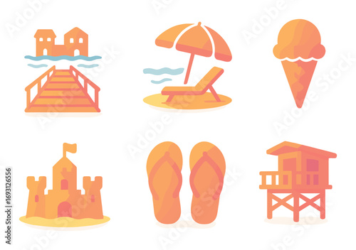 Summer vacation neon silhouette icon set. featuring beach, flip-flops, ice cream, lifeguard tower, sandcastle.