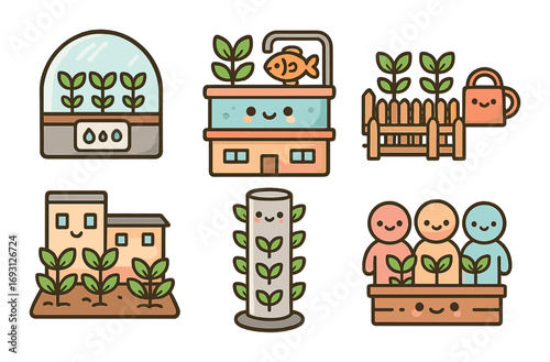 Sustainable gardening flat icon set. featuring greenhouse, aquaponics, fence, watering can, vertical farm, community garden.